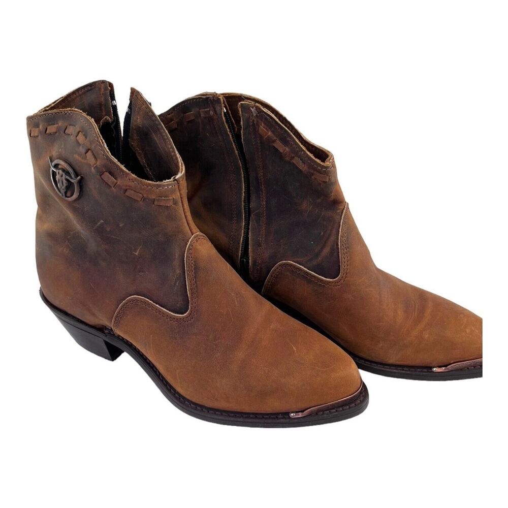 Code West Pointed Toe Cowgirl Leather Boots Brown Tan Ankle Metal Detail Sz 6.5